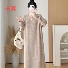 批发2025<b class='q'>秋</b>冬新款长款圆领过膝宽松毛衣打底长裙纯色慵懒针织连衣裙