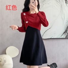批发针织<b class='q'>连衣裙</b>秋冬新款显瘦小香风修身显瘦温柔系拼色假两件