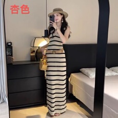 批发韩版百搭黑白条纹针织吊带连衣裙女夏季修身显瘦高腰<b class='q'>甜美</b>长裙