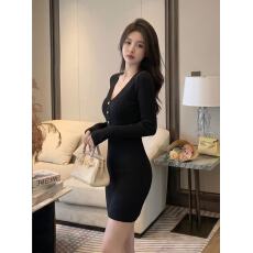 批发韩国气质名媛港式温柔淑女千金小香风v领毛衣针织连衣裙包臀短裙