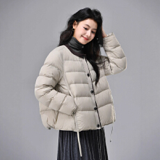 批发新款90绒圆领针织扣2025冬季白鸭绒羽绒服女气质时尚保暖百搭外套