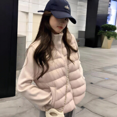 批发90绒排骨针织袖2025<b class='q'>冬</b>季新款白鸭绒羽绒服女轻薄针织拼接立领外套