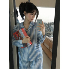 2026年早春新款韩系ins海盐条纹慵懒简约翻领亲肤家居服睡衣套装
