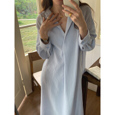 批发2026早春新款韩风chic纯色长袖慵懒风棉质宽松<b class='q'>翻领</b>连衣长裙家居裙