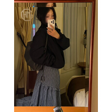 批发韩风ins 俏皮减龄蓝色格纹木耳边装饰大摆<b class='q'>百搭</b>半身裙