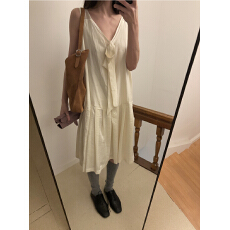 批发韩系ins慵懒风纯色v领<b class='q'>百褶</b>大摆度假风无袖<b class='q'>连衣裙</b>可外穿家居<b class='q'>连衣裙</b>