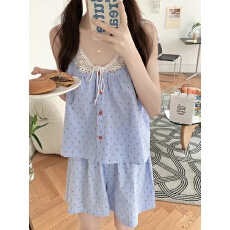韩风ins小清新减龄波点提花蕾丝假两件宽松家居服睡衣套装女