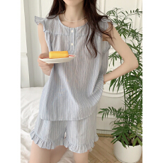 韩风ins小清新减龄条纹家居服睡衣飞飞袖短裤睡衣套装女