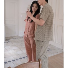 批发韩风ins简约设计感格子翻领<b class='q'>家居服</b>睡衣短袖套装<b class='q'>情侣装</b>