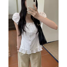 批发夏季新款<b class='q'>韩国</b>ins小众设计感法式温柔褶皱蕾丝装饰百搭衬衫