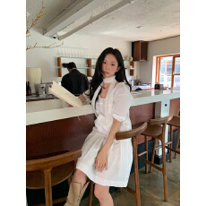 批发夏季新款韩风chic百搭设计感显瘦<b class='q'>中袖</b>百褶连衣裙