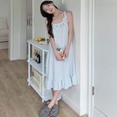 批发韩系ins温柔宽松荷叶边家居服<b class='q'>睡裙</b><b class='q'>吊带</b>慵懒风无袖<b class='q'>睡裙</b>