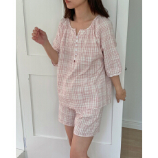 批发韩风ins简约舒适格纹<b class='q'>中袖</b>家居服可外穿睡衣套装女