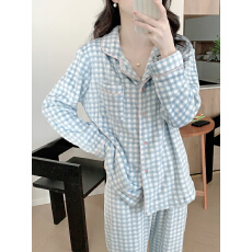 实拍 韩风ins毛绒简约舒适格纹撞色装饰翻领家居服睡衣套装女