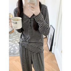 批发实拍 韩风ins简约舒适条纹V领显瘦可外穿家居服睡衣套装女