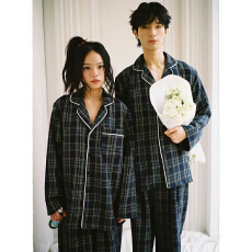批发韩风ins简约舒适格纹翻领<b class='q'>家居服</b>睡衣长袖长裤套装<b class='q'>情侣装</b>