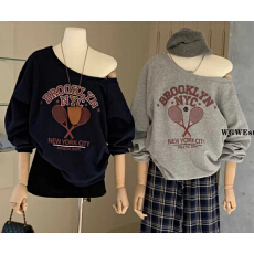 批发Hhyii 纽约<b class='q'>街头</b> 灰色美式慵懒卫衣女初秋新款设计感长袖斜肩上衣