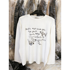 批发德绒磨毛拉秋冬慵懒童趣前后印花白色<b class='q'>长袖</b><b class='q'>T</b><b class='q'>恤</b>女宽松上衣