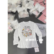 批发WHT夏季新款韩系时尚休闲减龄蝴蝶结猫咪印花长袖t恤女宽松慵懒风