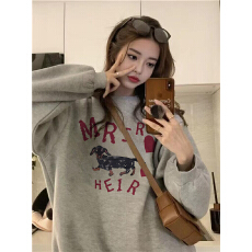 批发纯棉美式慵懒chic圆领卡通腊肠狗卫衣女大码宽松潮牌长袖情侣装