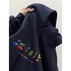 重磅纯棉美式复古藏青色连帽卫衣男款加绒加厚宽松潮牌卡通情侣装