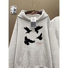 重磅纯棉美式复古国潮灰色飞鸟连帽卫衣男款秋冬加绒宽松情侣外套