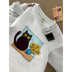 批发重磅纯棉美式潮牌卡通猫咪卫衣男款无帽设计感小众宽松圆领上衣潮