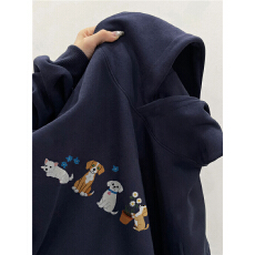 批发重磅纯棉美式复古卡通藏青色连帽卫衣男款<b class='q'>春</b>秋冬加绒潮牌高街外套