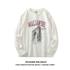 批发重磅纯棉美式复古oversize长袖t恤男女春<b class='q'>秋</b>高街潮牌打底白T上衣