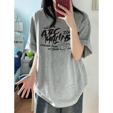 批发慵懒风灰色纯棉短袖t恤女爆款潮牌夏季<b class='q'>中长款</b>宽松正肩小众上衣