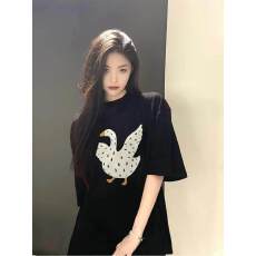 批发可爱卡通黑色短袖t恤女夏季中性风爆款纯棉半袖正肩<b class='q'>显瘦</b>上衣