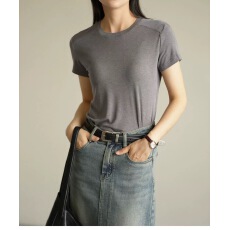 批发软糯舒服莱赛尔羊毛女士大圆领<b class='q'>修身</b>T恤慵懒风弹力短袖打底杉
