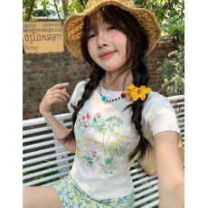 韩系少女手绘花朵印花正肩短袖T恤夏季修身百搭短款上衣