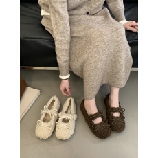 批发2025秋冬季毛毛鞋配<b class='q'>袜子</b>软底浅口蝴蝶结森系少<b class='q'>女</b>风杏色加绒单鞋<b class='q'>女</b>