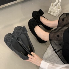 批发日韩<b class='q'>甜美</b>芭蕾舞鞋浅口平底鞋毛呢子蝴蝶结淑女单鞋2025春秋