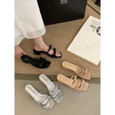 批发夏季温柔仙女蝴蝶结低跟漆皮凉鞋女粗跟拖鞋2025