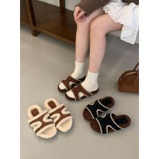 批发2025春秋女<b class='q'>韩版</b>小众ins设计感绒面舒适拖鞋女平绒面厚底拖毛毛鞋