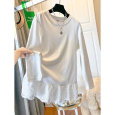 批发原版面料220克纯棉秋冬季胖mm大码蕾丝长袖<b class='q'>t</b><b class='q'>恤</b>女韩系宽松