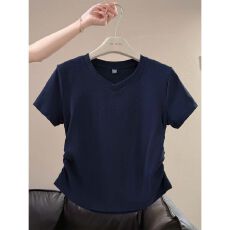 92%棉8%氨纶圆领修身短袖T恤女小众设计感胖mm大码收腰上衣