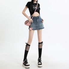 批发美式辣妹防走光牛仔裙女夏季复古水洗做旧半身裙包臀裙高腰短<b class='q'>裙子</b>