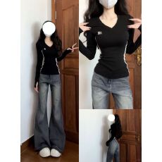 批发罗纹美式黑色辣妹V领短款收腰长袖上衣女