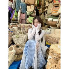 批发【腰头有蕾丝特别版本】蕾丝格子半身裙女<b class='q'>夏</b>季不规则高腰a字裙