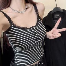 批发<b class='q'>蕾丝</b>拼接肩带纽扣装饰打底上衣条纹拼色带胸垫修身显瘦短款吊带