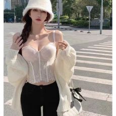 批发纯欲风辣妹<b class='q'>蕾丝</b>鱼骨吊带背心带胸垫西装性感内搭打底美背抹胸上衣