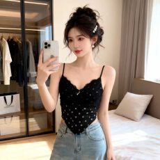 法式拼色蕾丝吊带背心女早春新款修身性感鱼骨显瘦带胸垫辣妹上衣