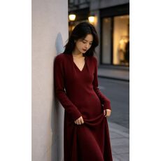 批发法式<b class='q'>甜美</b>气质V领针织连衣裙女秋冬新款修身显瘦长裙包臀连身裙