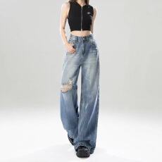 批发<b class='q'>韩版</b>美式高街破洞<b class='q'>牛仔裤</b><b class='q'>女</b>秋季新款高腰显瘦宽松显瘦阔腿<b class='q'>裤</b>
