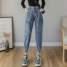 批发休闲初秋季新款潮流水洗高腰女港风<b class='q'>九分</b>裤<b class='q'>牛仔裤</b>工装裤ins时尚