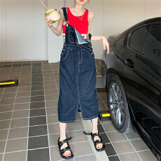 批发复古牛仔背带裙女春夏2025新款设计感宽松显瘦开叉中长款裙子