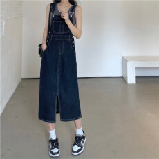 批发复古牛仔背带裙女春夏2025新款设计感宽松显瘦开叉中长款裙子